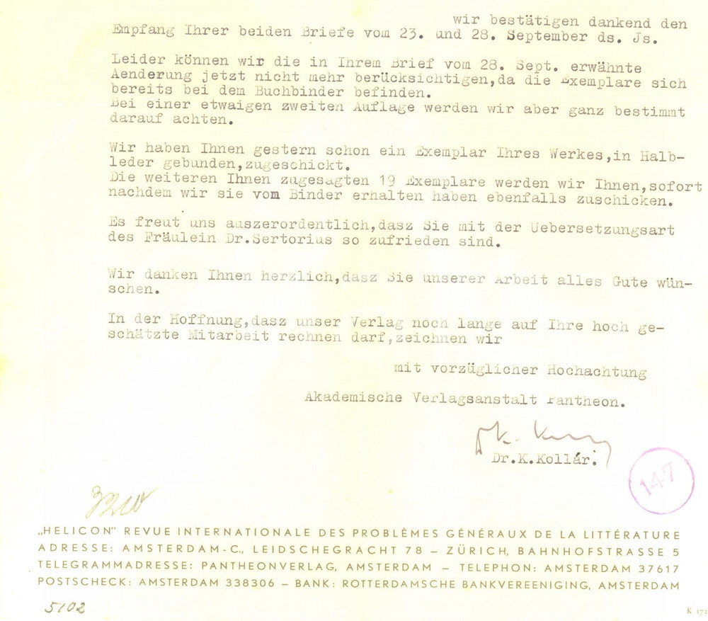 Autografo originale 1942 AMSTERDAM  AKADEMISCHE VERLAGSANSTALT PANTHEON   Koloman KOLLAR Autografo 1