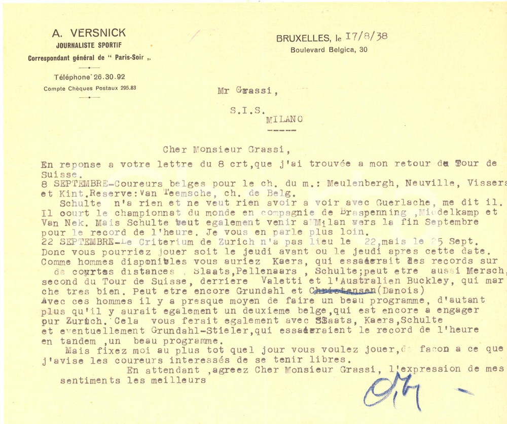 Autografo originale 1938 BRUXELLES CICLISMO Lettera A. VERSNICK per gara a Milano  AUTOGRAFO 1