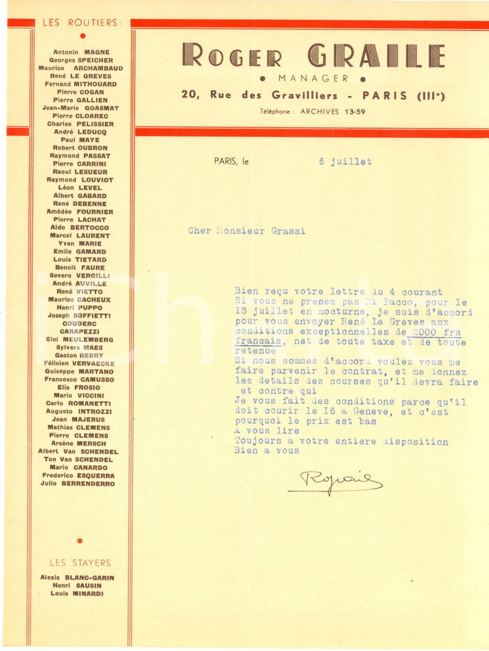 1938 PARIS CICLISMO Lettera Roger GRAILE per gara di RenÃ© LE GREVES - AUTOGRAFO Lettera dattiloscritta, con firma autografa dell'allenatore sportivo, relativa all'organizzazione di una gara.Su carta intestata. CONDIZIONI: FAIR (piegature d'epoca)PAGINE: 1     originale e autentica 1