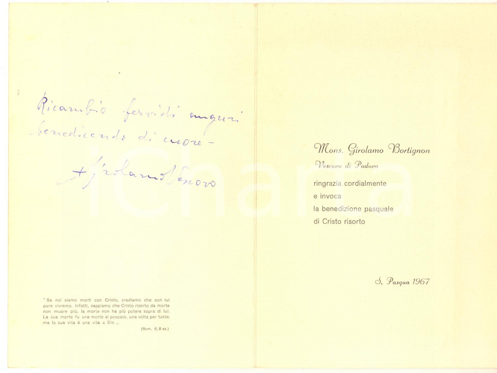 Autografo originale 1967 PADOVA Biglietto mons. Girolamo BORTIGNON per Pasqua  AUTOGRAFO 1