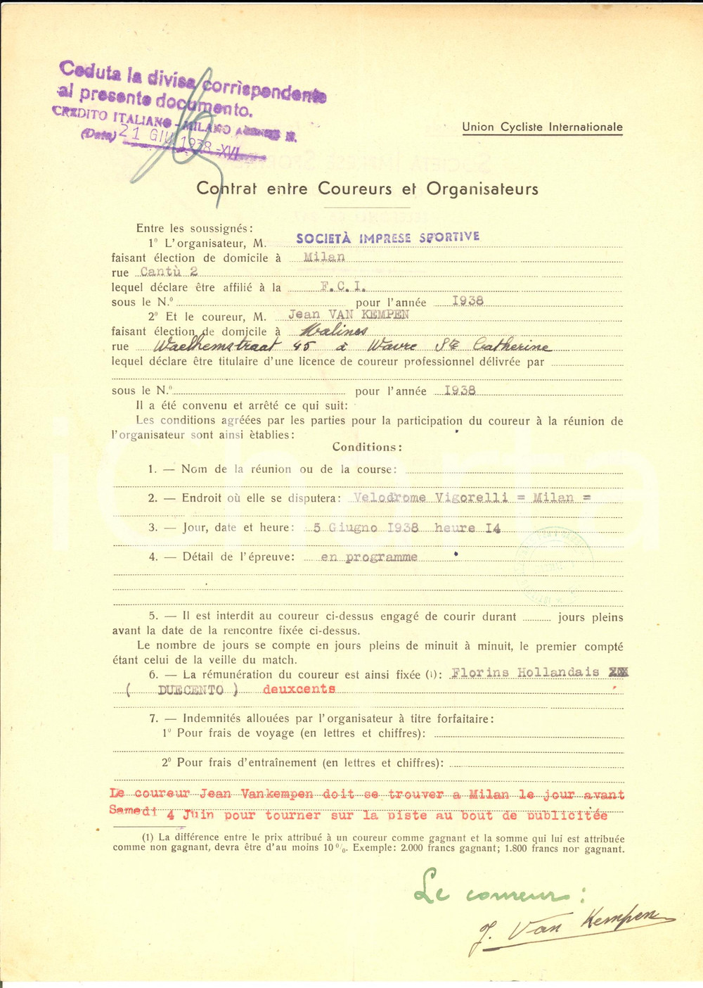 Autografo originale 1938 CICLISMO MILANO VIGORELLI  Contratto ingaggio Jan VAN KEMPEN  Autografo 1