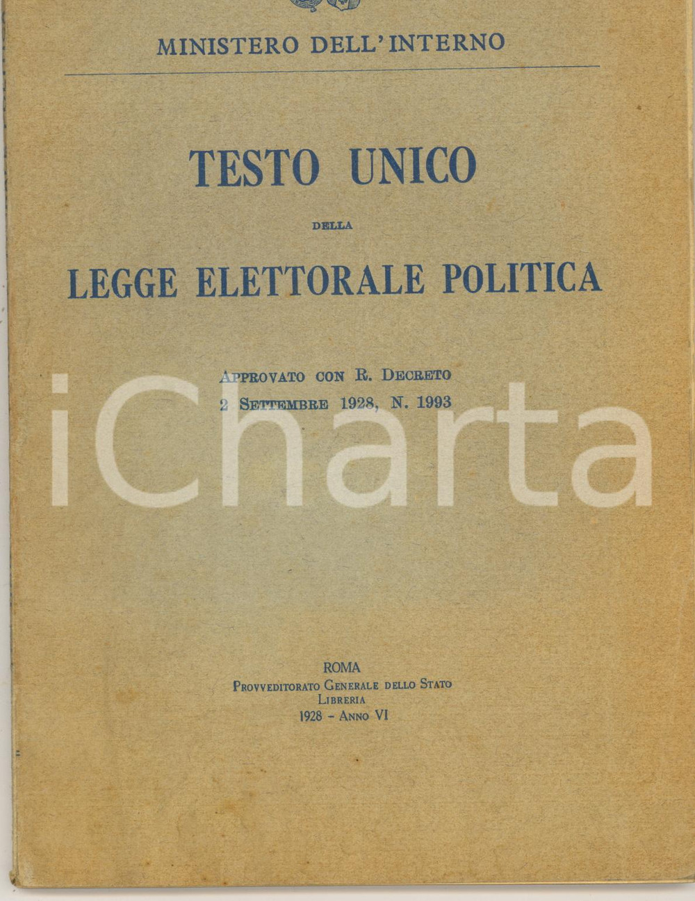 Libro, pubblicazione d epoca 1928 MINISTERO DELL INTERNO Testo unico della legge elettorale politica 1