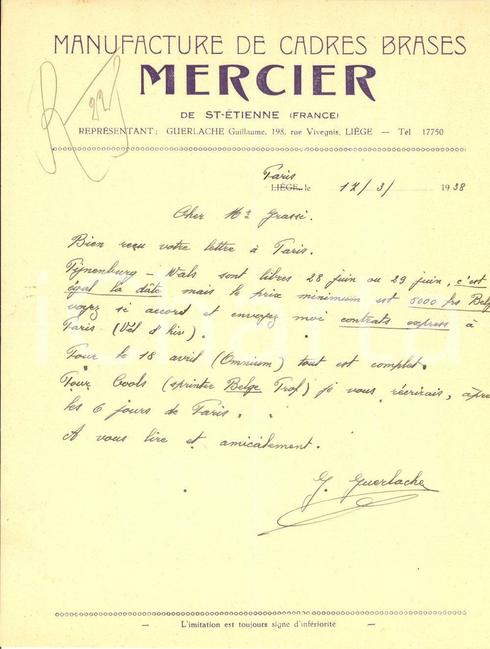 Autografo originale 1938 LIEGI CICLISMO Guillaume GUERLACHE per gara PIJNENBURG  WALS  AUTOGRAFO 1