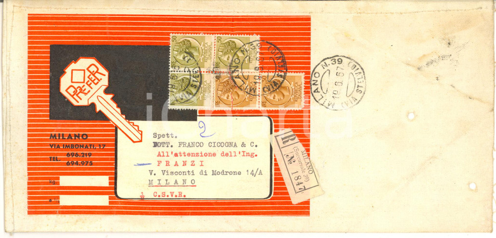 Materiale pubblicitario d’epoca 1967 MILANO Ditta PREFER chiavi e serrature  Busta pubblicitaria in tela 1