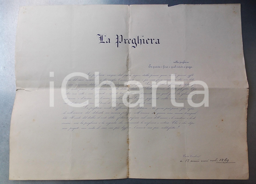 Documento originale, autentico 1869 MILANO Carolina CACCIA  La preghiera  Manifesto 48x37 cm 1