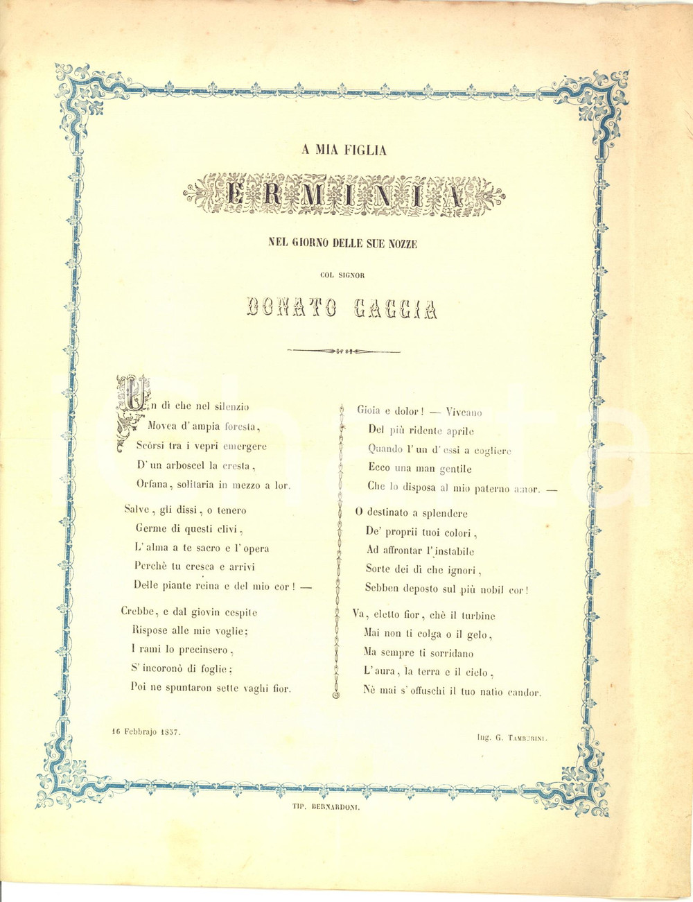 Documento originale, autentico 1857 MILANO Ing. G. TAMBURINI A mia figlia Erminia nel giorno delle sue nozze 1