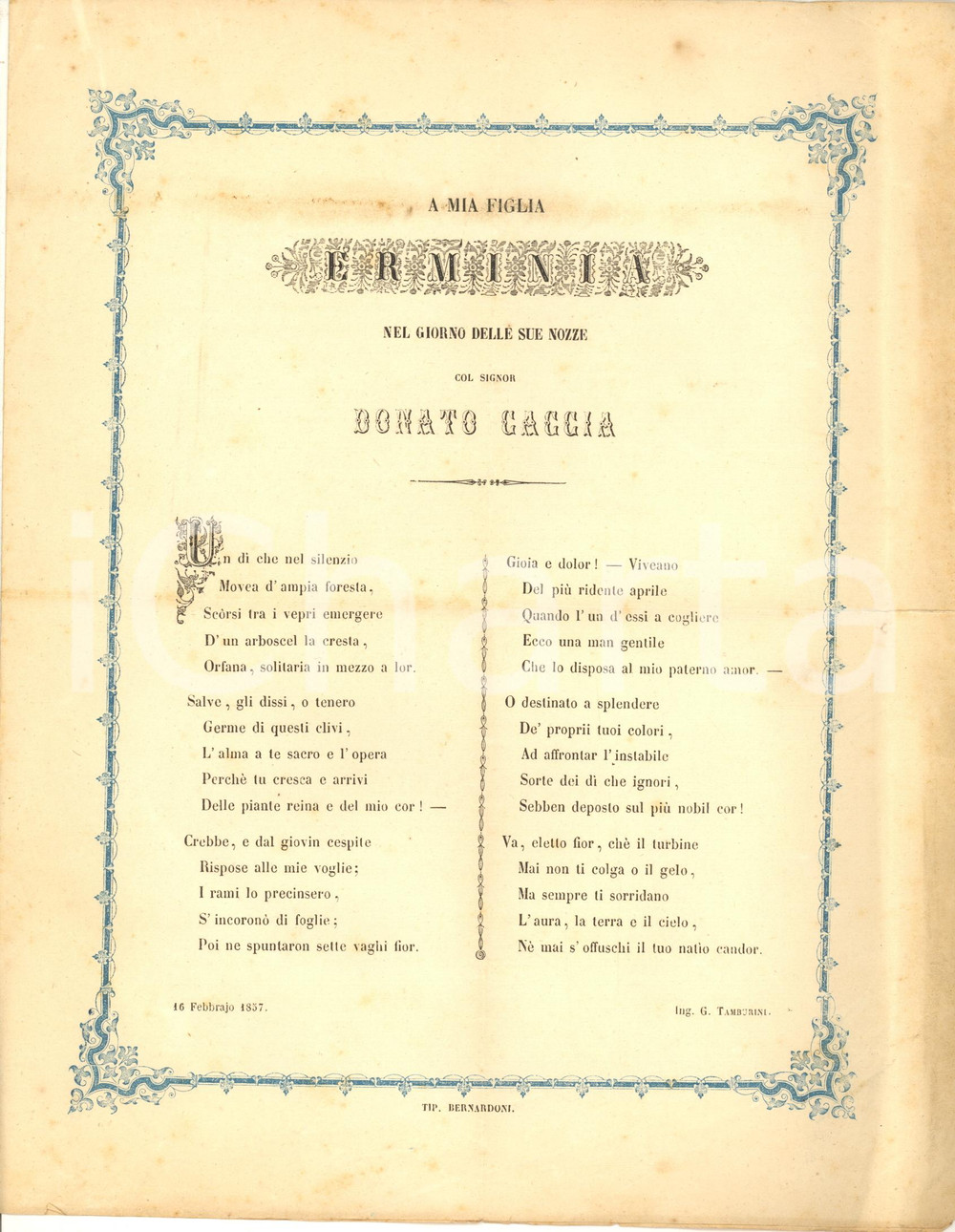 Documento originale, autentico 1857 MILANO Ing. G. TAMBURINI A mia figlia Erminia nel giorno delle nozze 1