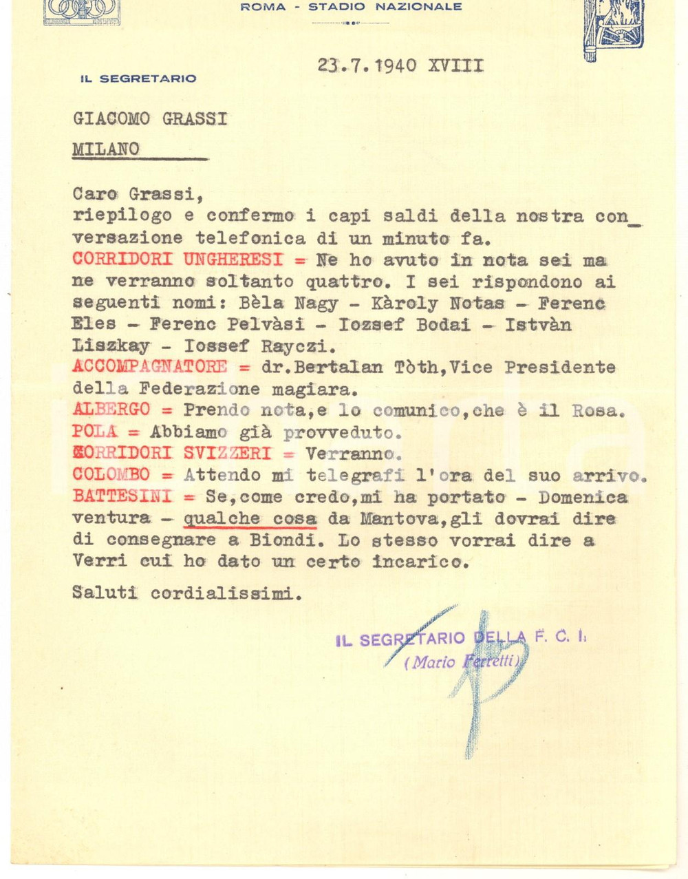 Autografo originale 1940 CICLISMO ROMA Lettera Mario FERRETTI segretario F.C.I.  AUTOGRAFO 1