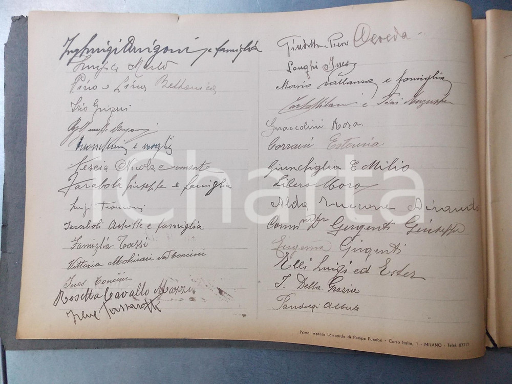 1940 ca MILANO Prima Impresa Lombarda di Pompe Funebri - Registro firme funerale Registro delle firme, raccolte in occasione di un funerale.Tra i firmatari, si riconoscono le firme autografe dell'ing. Luigi Arrigoni, il fotografo Giuseppe Farabola, Carlo Gariboldi, Ettore Varisco e Piero Zanaboni.Copertina in carta con passamaneria originale.CONDIZIONI: POOR (gualciture marginali con piccoli strappi)FORMATO: 34x24 cmPAGINE: 12 (5 scritte)    originale e autentica 1