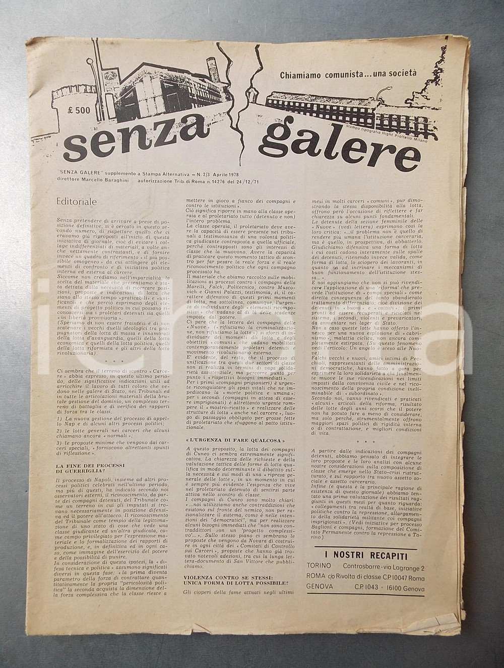 Giornale, rivista storica 1978 SENZA GALERE Lotta politica e carceri speciali  Giornale n. 23 1