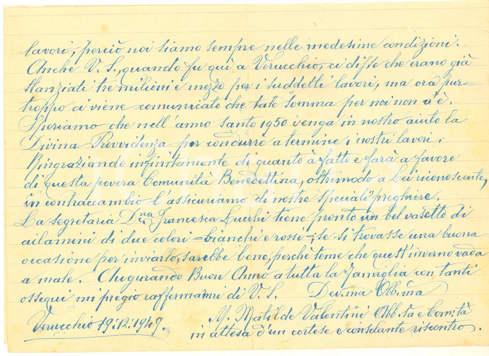 Autografo originale 1949 VERUCCHIO RN Monastero di Santa Chiara  Lettera madre Matilde VALENTINI 1