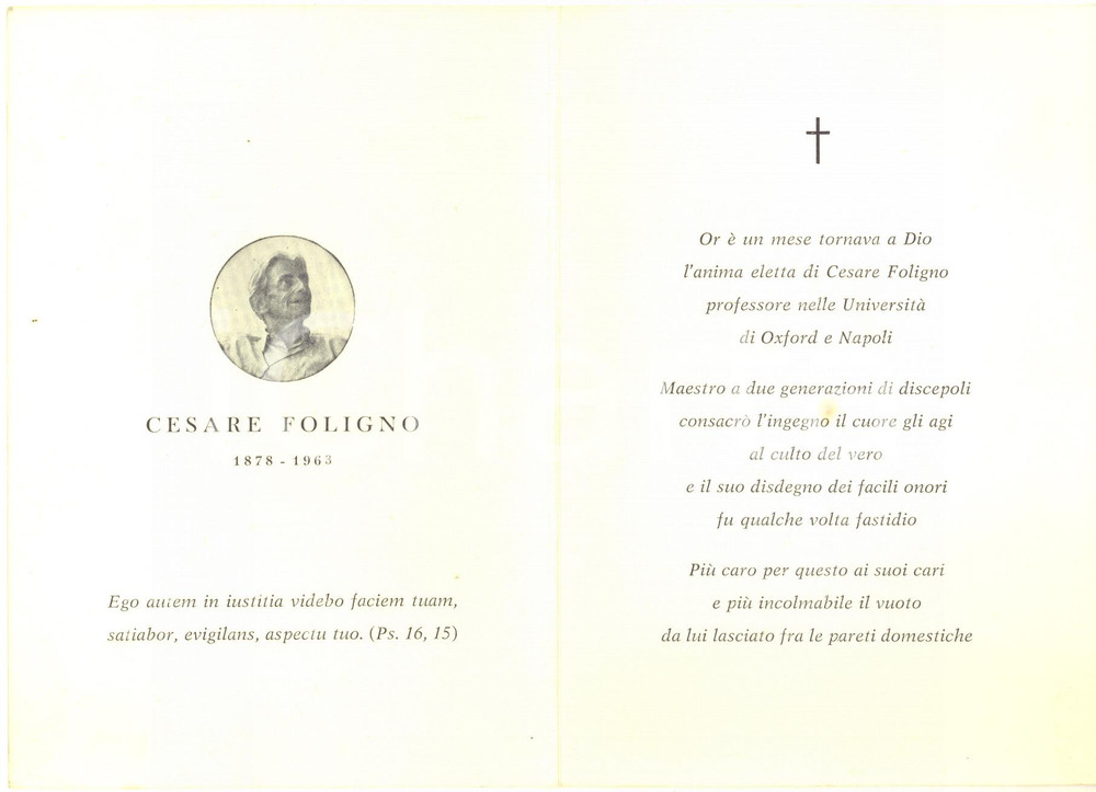 Oggetto da collezione cartaceo 1963 NAPOLI Cesare FOLIGNO  Biglietto celebrazione trigesimo 1