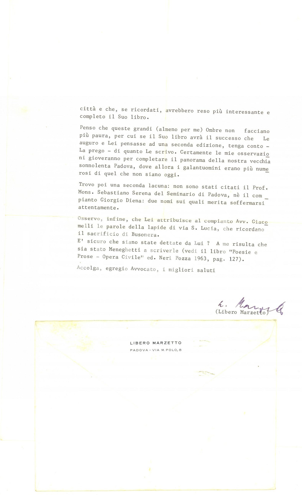 Autografo originale 1967 PADOVA Libero MARZETTO critica un volume sulla storia cittadina  AUTOGRAFO 1