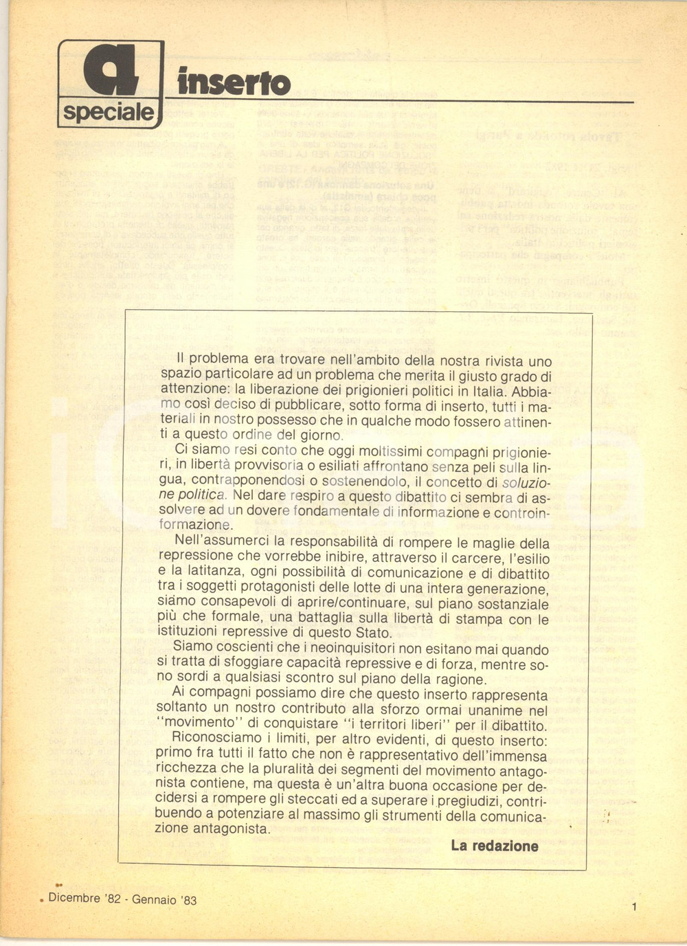 Giornale, rivista storica 1983 A  RIVISTA ANARCHICA Prigionieri politici in Italia  Inserto speciale 1