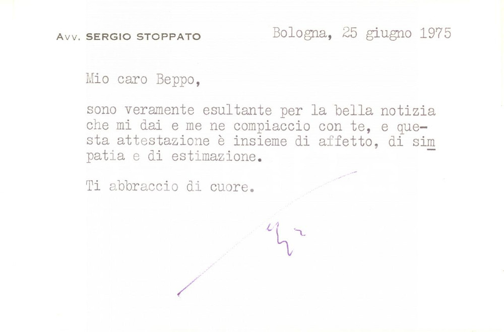 Autografo originale 1975 BOLOGNA Biglietto avv. Sergio STOPPATO  per congratulazioni  AUTOGRAFO 1