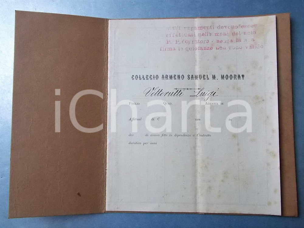 Manoscritto, lettera originale 190508 VENEZIA Collegio Armeno SAMUEL M. MOORAT  Registro Luigi VETTERUTTI 1