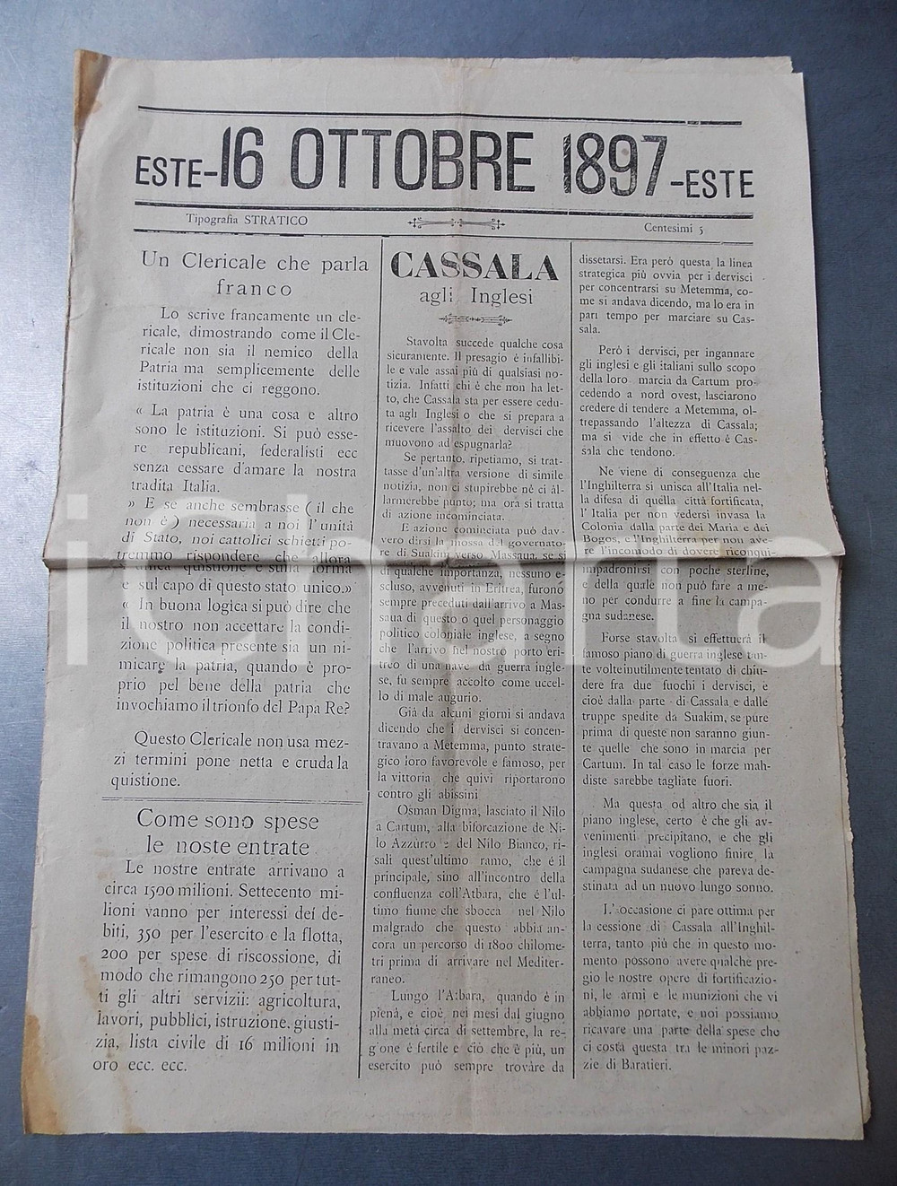 Giornale, rivista storica 16 Ottobre 1897 ESTE  Cassala ceduta agli inglesi  Giornale tip. STRATICO RARO 1