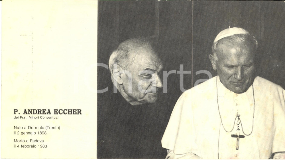 1983 PADOVA Padre Andrea ECCHER - Biglietto illustrato per trigesimo 24x13 cm Biglietto commemorativo, che ritrae padre Eccher con papa Giovanni Paolo II.CONDIZIONI: FAIR (lievi macchie)    originale e autentica 1