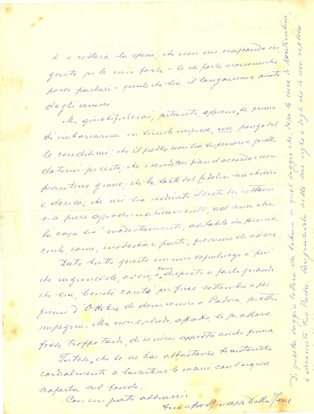 1960 L'OSSERVATORE ROMANO Lettera direttore Giuseppe DALLA TORRE Autografo (1) Lettera autografa del giornalista Giuseppe Dalla Torre, direttore dell' "Osservatore romano", relativa a una compravendita.Su carta intestata.CONDIZIONI: POOR (piegature d'epoca e ingiallimenti diffusi)PAGINE: 1 (2 facciate)    originale e autentica 1