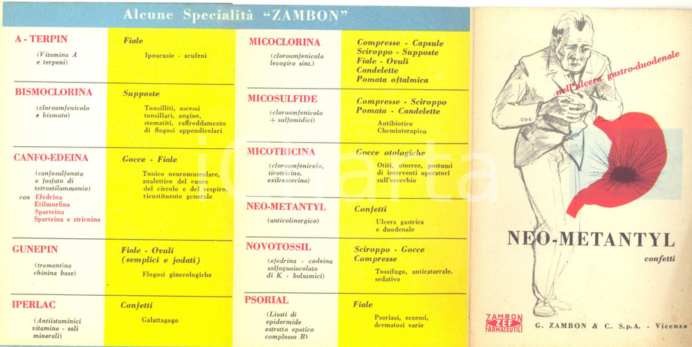 Materiale pubblicitario d’epoca 1956 VICENZA Farmaceutica ZAMBON Confetti NEOMETANTYL Pieghevole pubblicitario 1
