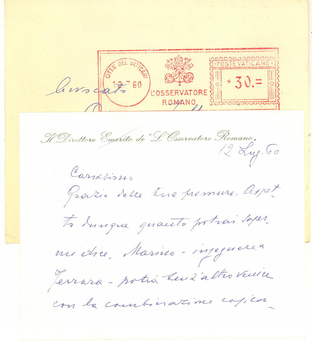 Autografo originale 1960 ROMA L OSSERVATORE ROMANO Ringraziamenti Giuseppe DALLA TORRE  Autografo 1