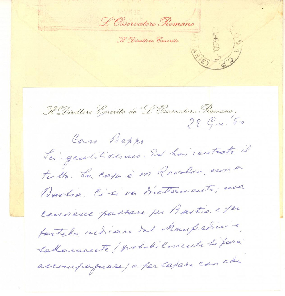 Autografo originale 1960 ROMA L OSSERVATORE ROMANO Biglietto Giuseppe DALLA TORRE per lavori 1