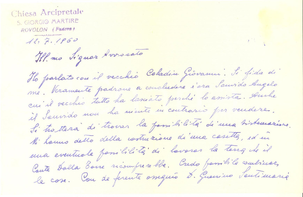 1960 ROVOLON (PD) Chiesa S. Giorgio Martire - Lettera don Guerrino SANTIMARIA Lettera autografa del rettore della chiesa arcipretale, relativa a una comprevendita, su carta intestata.Busta viaggiata.CONDIZIONI: FAIR (piegatura centrale d'epoca)PAGINE: 1    originale e autentica 1