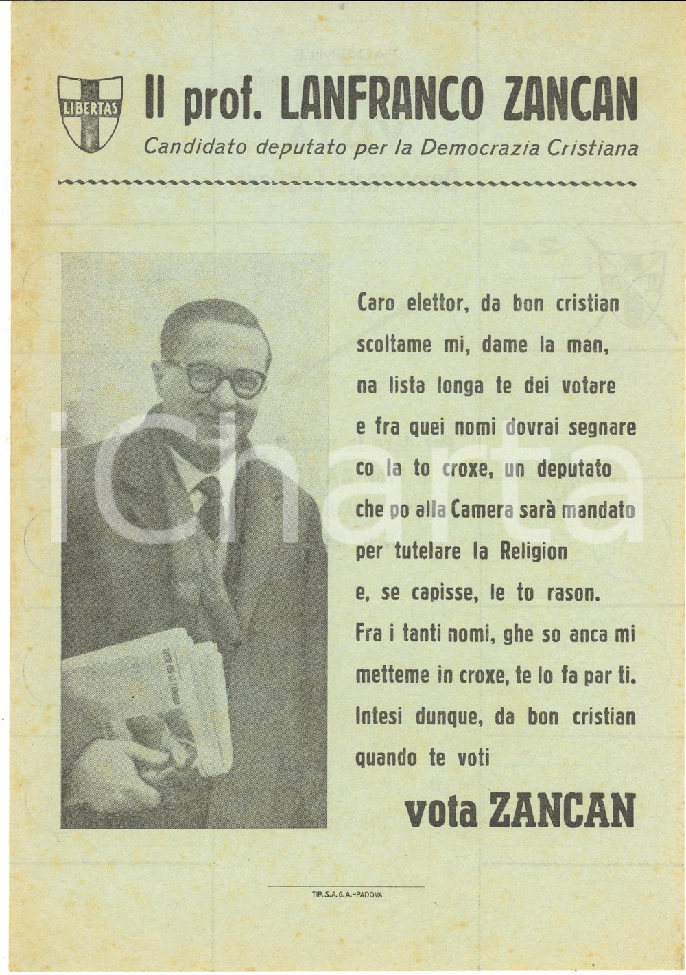 Materiale pubblicitario d’epoca 1958 DEMOCRAZIA CRISTIANA Lanfranco ZANCAN  Volantino propaganda 1