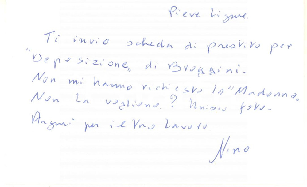 Autografo originale 1990 ca PIEVE LIGURE Biglietto ing. Nino FRESIA per opera Broggini  Autografo 1