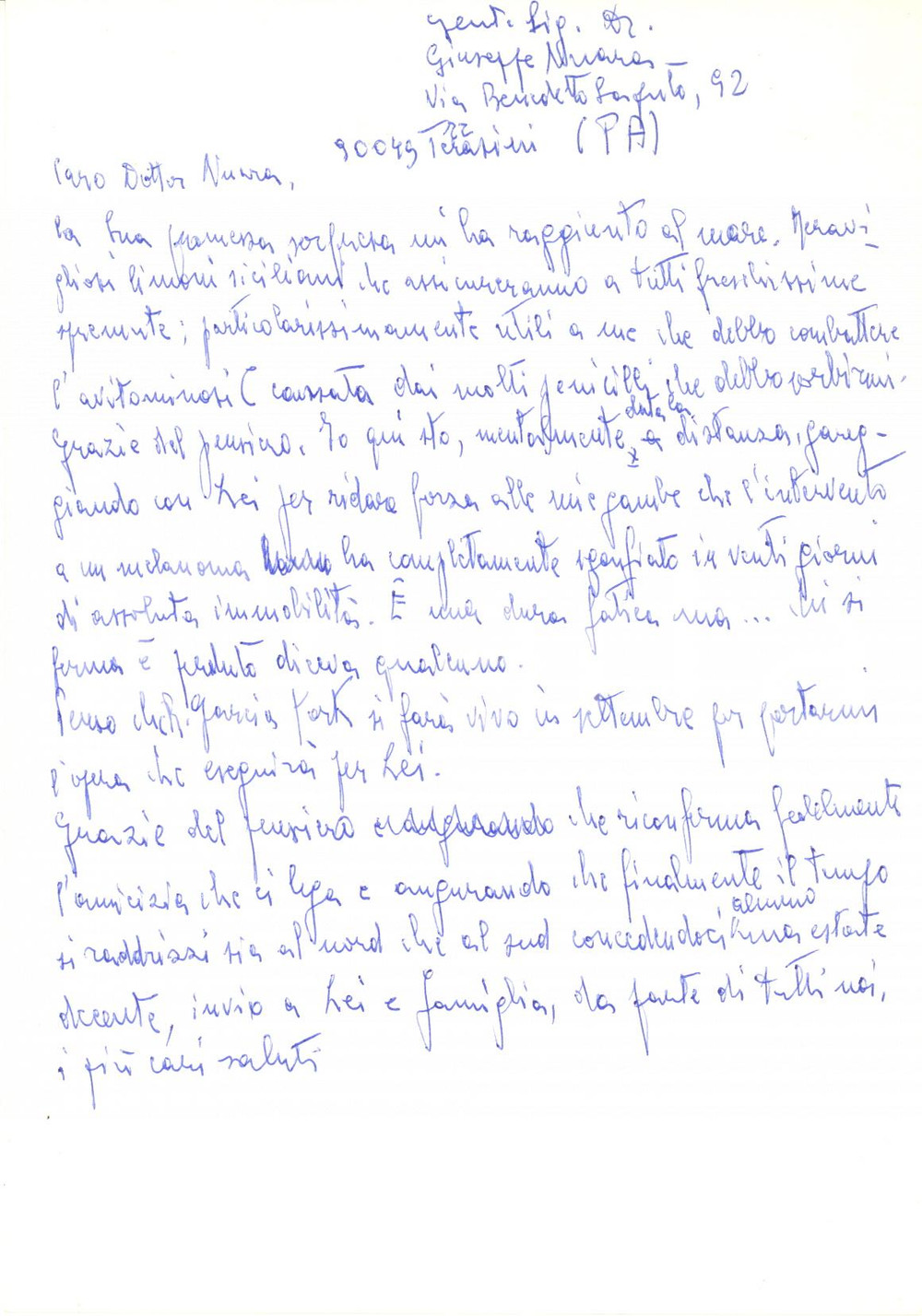 Autografo originale 1990 ca s. l. Lettera Renzo MODESTI a un amico dal soggiorno al mare  Autografo 1
