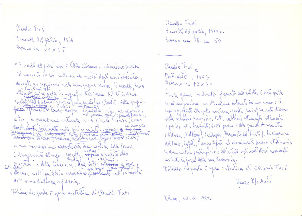 Autografo originale 1992 MILANO  Renzo MODESTI su I cavalli del palio di Claudio Trevi  Autografo 1