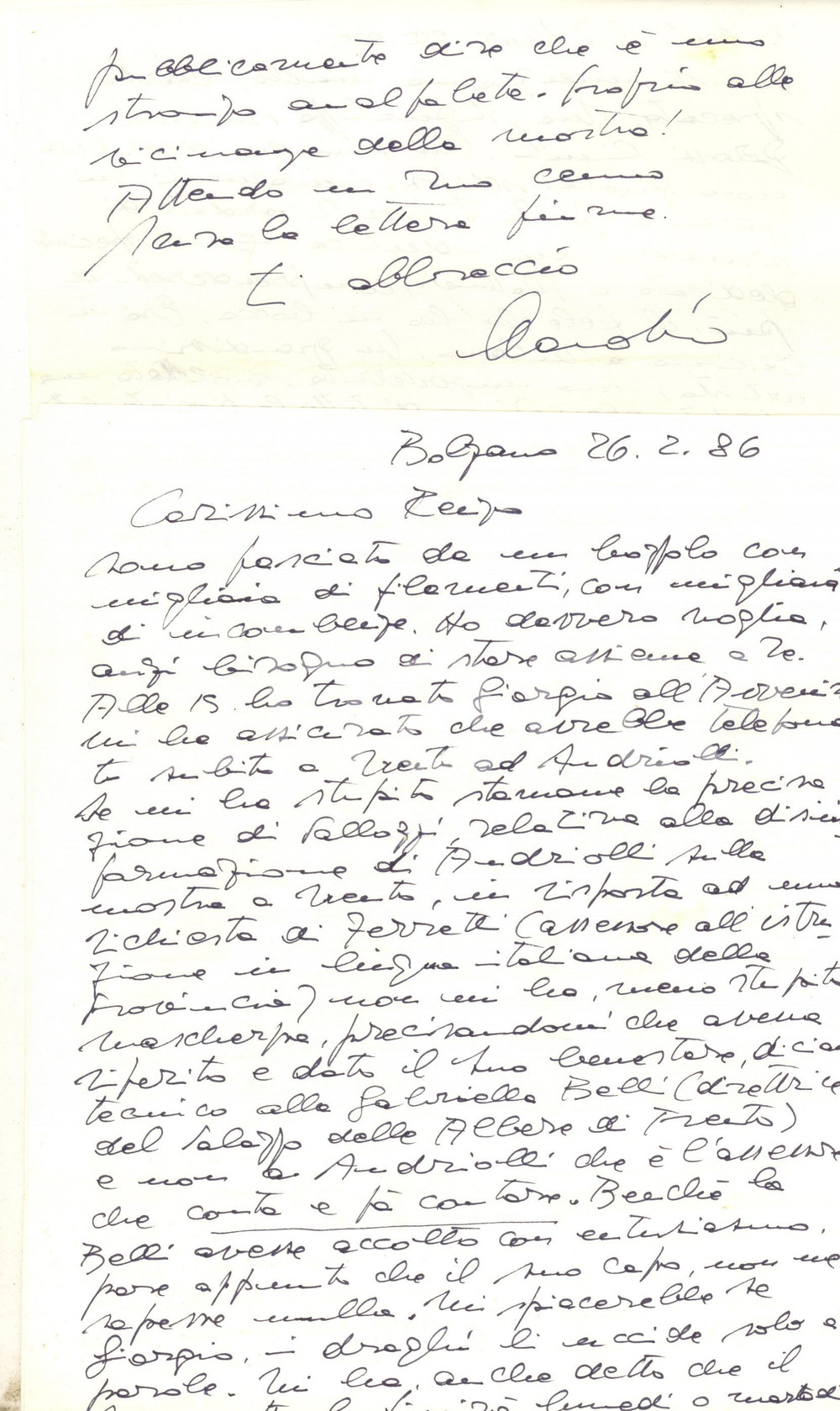 Autografo originale 1986 BOLZANO Lettera scultore Claudio TREVI su artisti e critici  Autografo 1