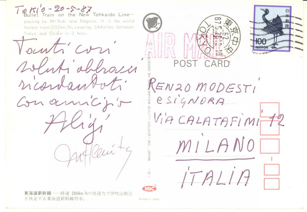 Autografo originale 1987 TOKIO Cartolina Aligi SASSU ed Helenita a Renzo MODESTI  Autografo 1