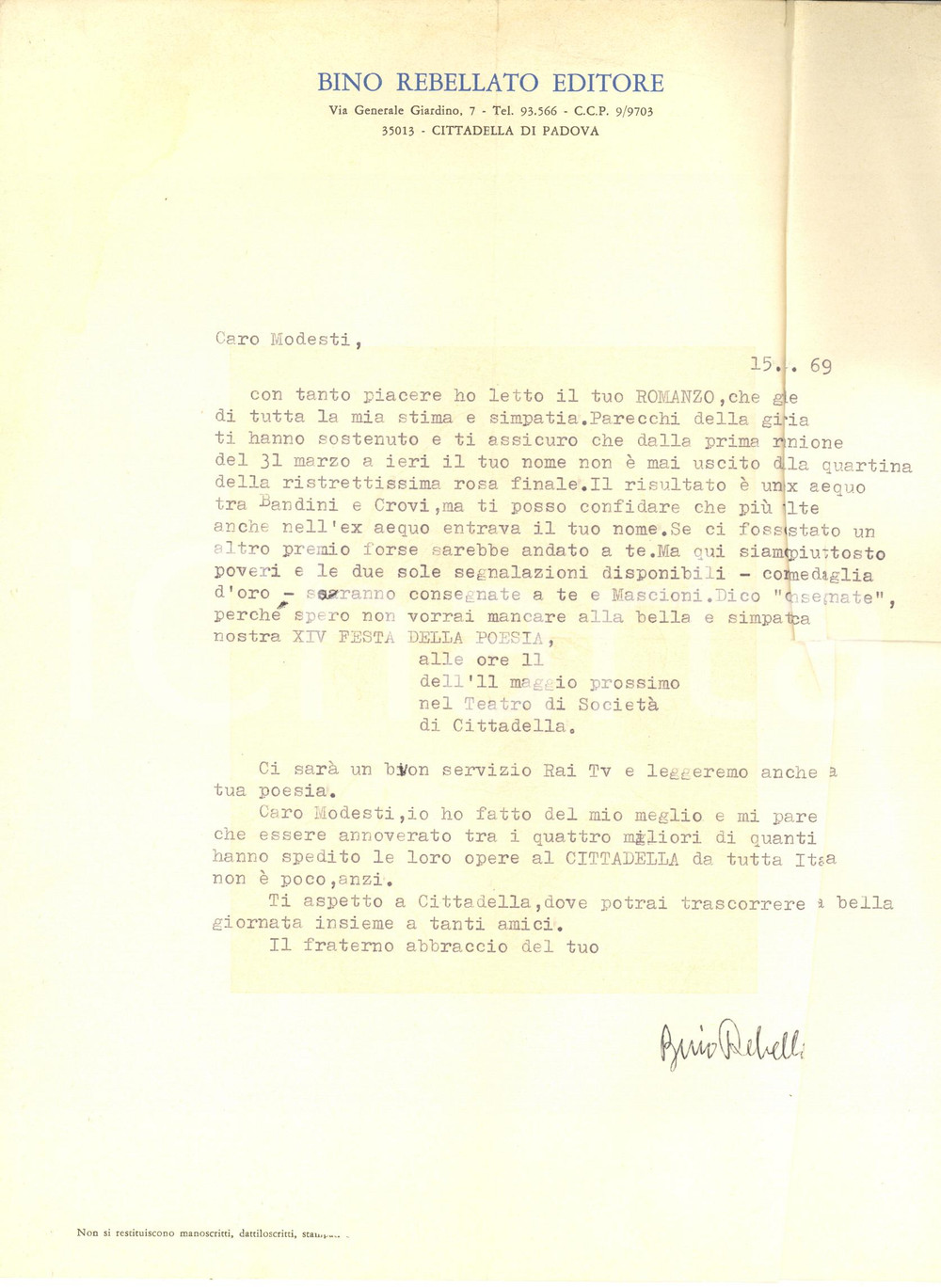 Autografo originale 1969 PADOVA Lettera Bino REBELLATO editore per XIV Festa Poesia  Autografo 1