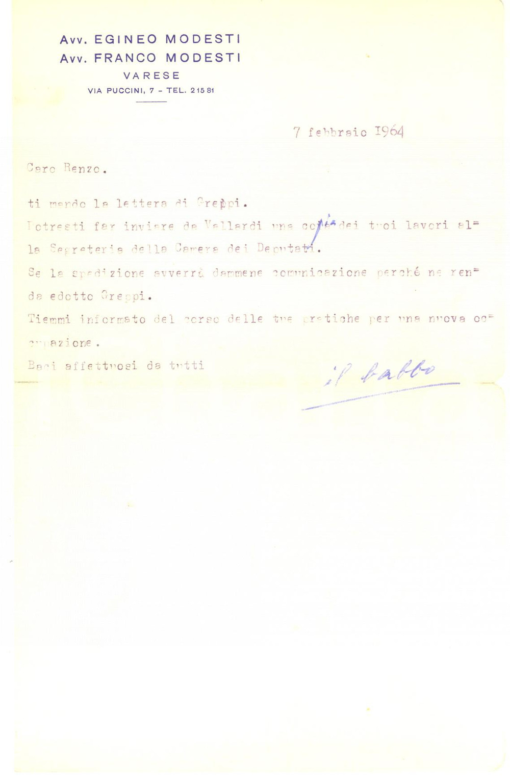 Autografo originale 1964 VARESE Lettera avv. Egineo MODESTI al figlio Renzo per lavori  Autografo 1