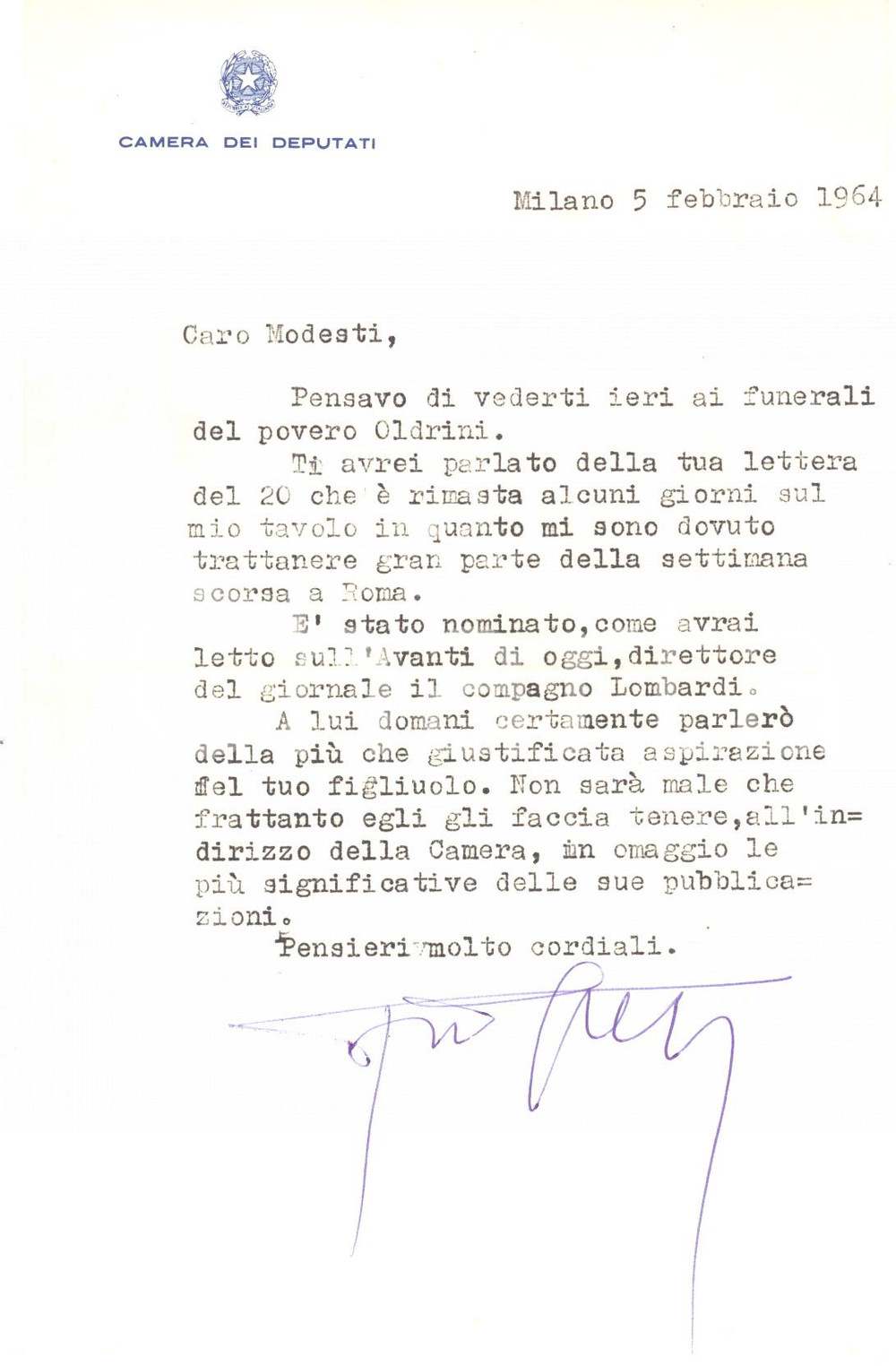 Autografo originale 1964 MILANO Lettera on. Antonio GREPPI per aiuto a Renzo MODESTI  Autografo 1