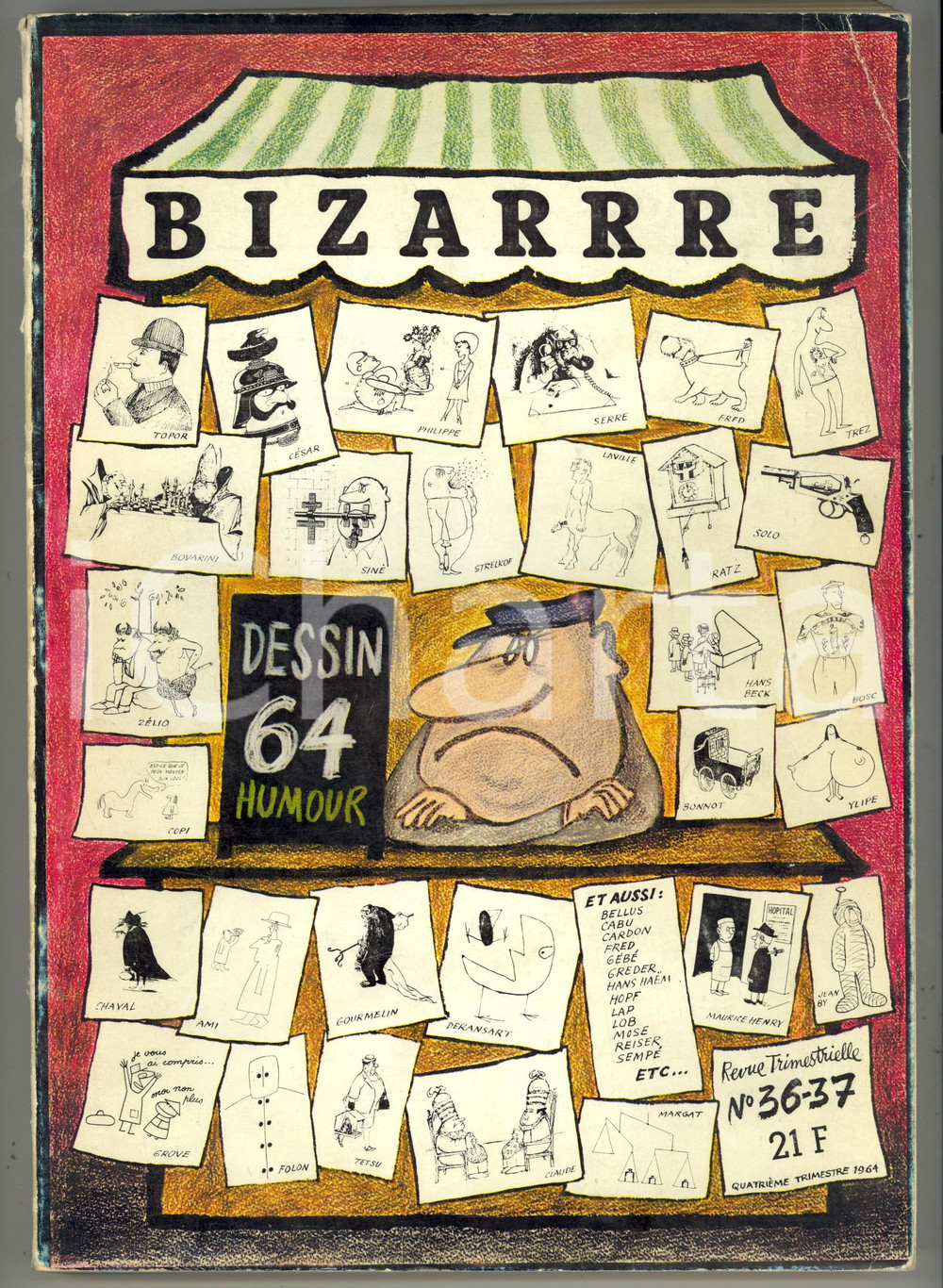 1964 Jean- Jacques PAUVERT - BIZARRE NumÃ©ro spÃ©cial Dessin 64 humor - NÂ° 36-37 Pubblicazione d'epoca in lingua francese. DIMENSIONI: 19x27 cm CONDIZIONI: FAIR (piegature alla copertina e alla costa)    originale e autentica 1