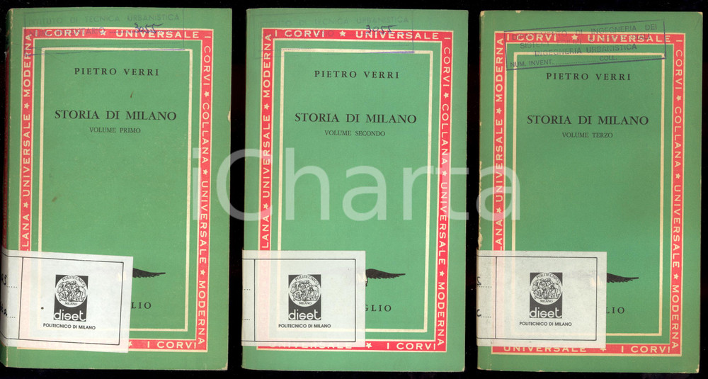 1962 Pietro VERRI Storia di Milano - A cura di Alberto CRESCENTINI 3 voll. ATTENZIONE: Il volume reca la segnatura "Gabinetto di Urbanistica - Politecnico di Milano" tuttavia la Societ&agrave; dispone di liberatoria per la commercializzazione e la libera circolazione del volume stesso, trattandosi di parziale dismissione autorizzata di biblioteca.EDITORE: Dall'Oglio / Collana "Universale Moderna I Corvi" - MilanoDIMENSIONI: 11x18 cmPAGINE: 250 + 270 +204 CONDIZIONI: FAIR (adesivo al dorso e timbro in copertina; tracce d'uso)    originale e autentica 1