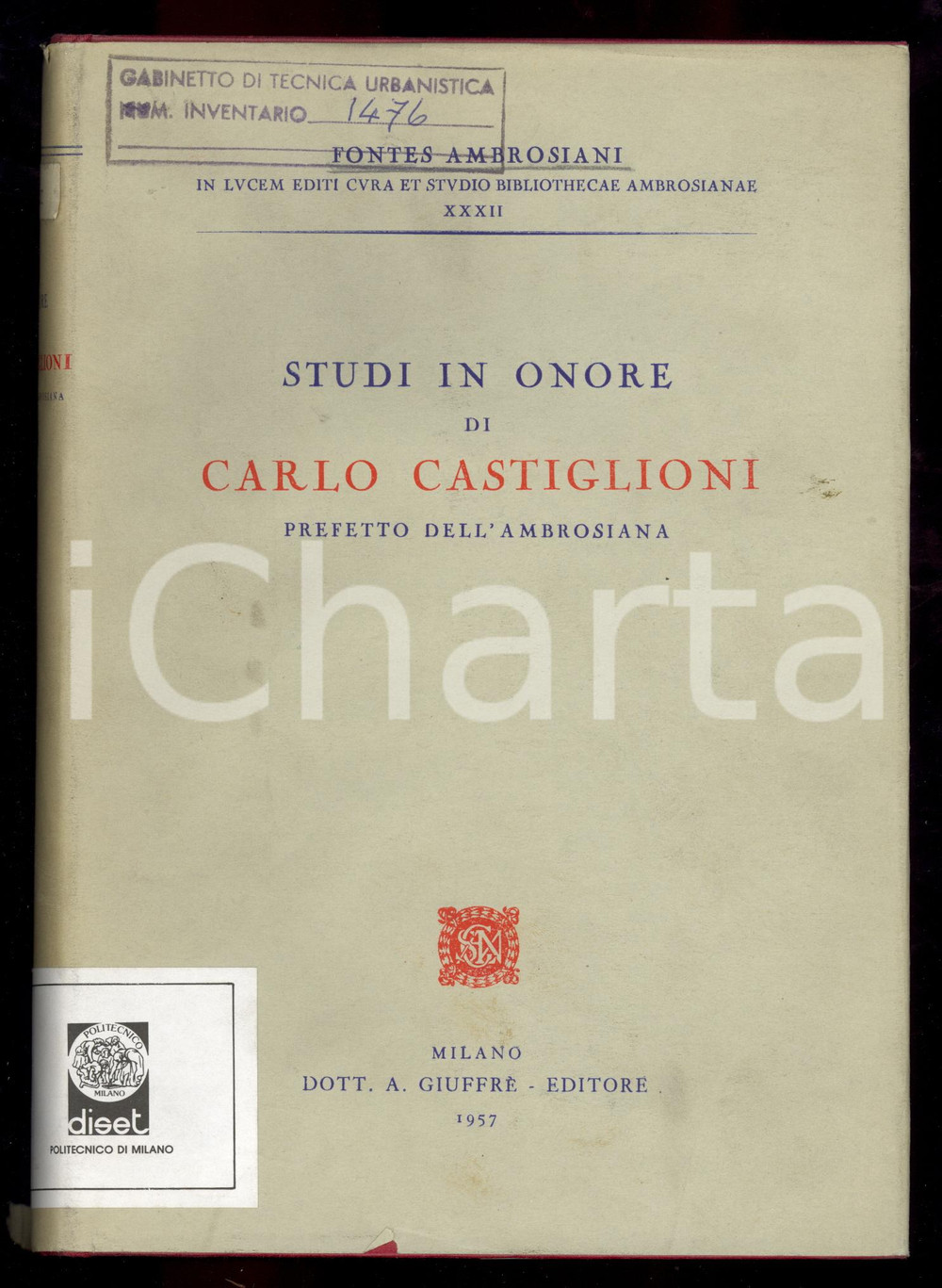 1957 MILANO Studi in onore di Carlo Castiglioni - Prefetto dell'Ambrosiana ATTENZIONE: Il volume reca la segnatura "Gabinetto di Urbanistica - Politecnico di Milano" tuttavia la Societ&agrave; dispone di liberatoria per la commercializzazione e la libera circolazione del volume stesso, trattandosi di parziale dismissione autorizzata di biblioteca.EDITORE: A. Giuffr&egrave; - MilanoDIMENSIONI: 17x24 cmPAGINE: 903 CONDIZIONI: FAIR (buone condizioni interne, ma tagli e gualciture alla sovraccoperta; adesivo e timbro al dorso)    originale e autentica 1