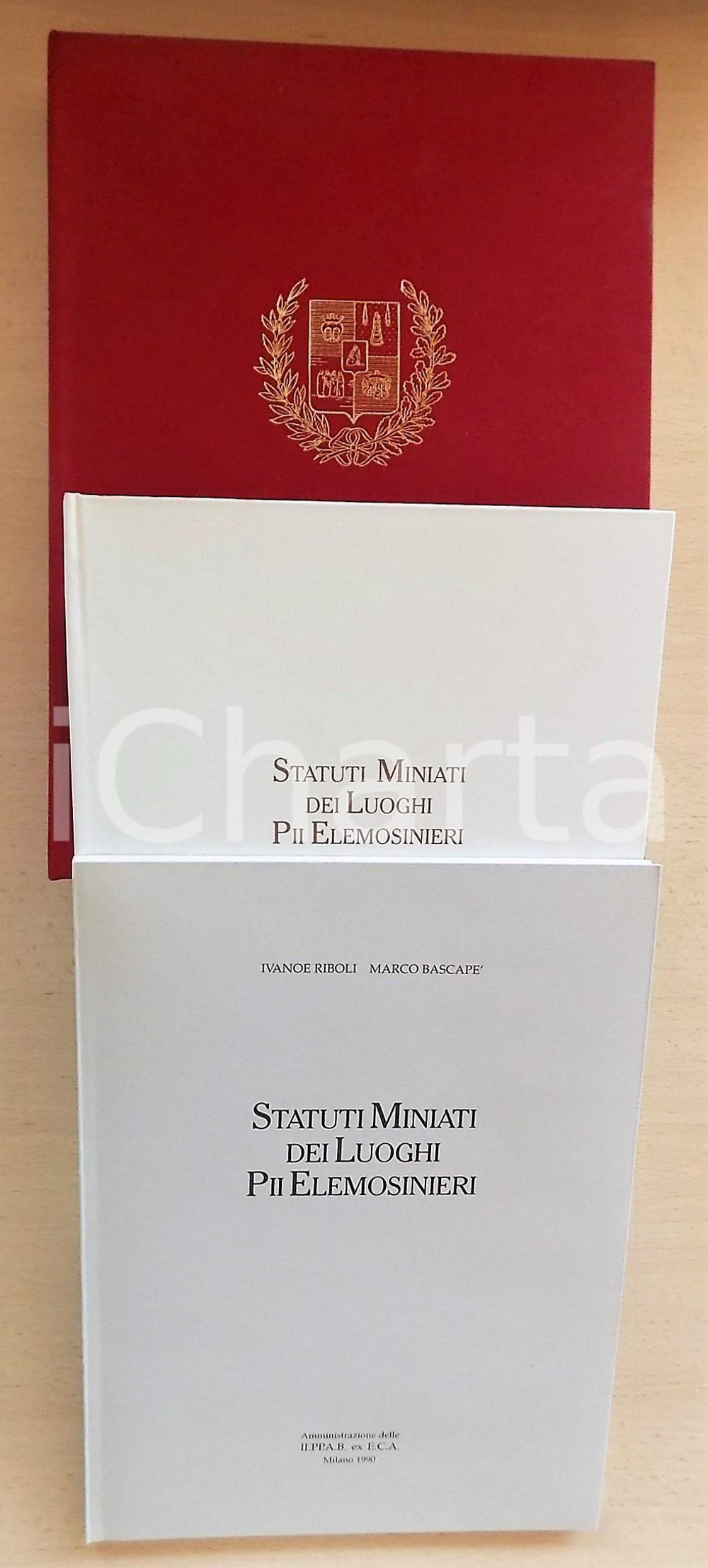 1990 Ivanoe RIBOLI Marco BASCAPE' Statuti miniati dei luoghi pii elemosinieri Due volumi in cofanetto telato, illustrazioni b/n e a colori. EDITORE: Amministrazione delle II.PP.A.B. - MilanoDIMENSIONI: 19x26 cmPAGINE: XIII + 59 CONDIZIONI: G    originale e autentica 1