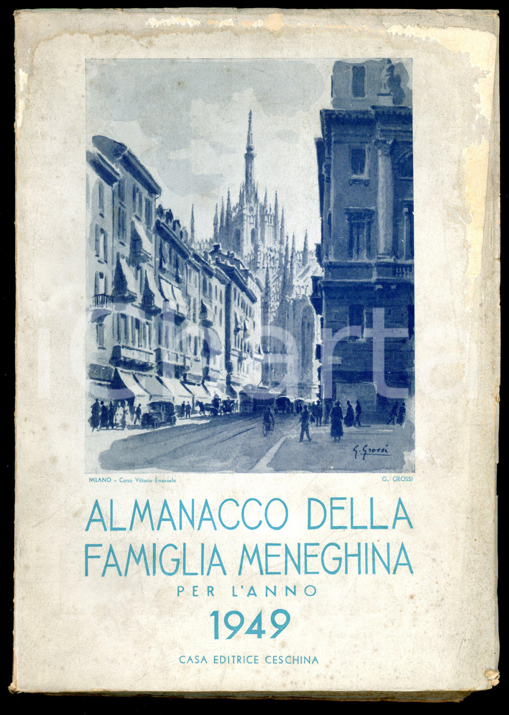 1949 ALMANACCO FAMIGLIA MENEGHINA Ripresa pubblicazioni dopo la guerra *CESCHINA  1949ALMANACCO DELLA FAMIGLIA MENEGHINAILLUSTRATOEdizione per il 1949 dell'Almanacco della Famiglia Meneghina, che riprendeva le pubblicazioni proprio quell'anno dopo una pausa di sei anni iniziata nel 1943, a causa delle vicende belliche.Con numerose illustrazioni, inserzioni pubblicitarie e articoli sulla vecchia Milano.Milano - Ceschina128 pagineCONDIZIONI: VERY POOR (abrasioni e stracce di umidit&agrave;; strappo di circa due centimetri al verso; fioriture in copertina e alle pagine interne)     originale e autentica 1