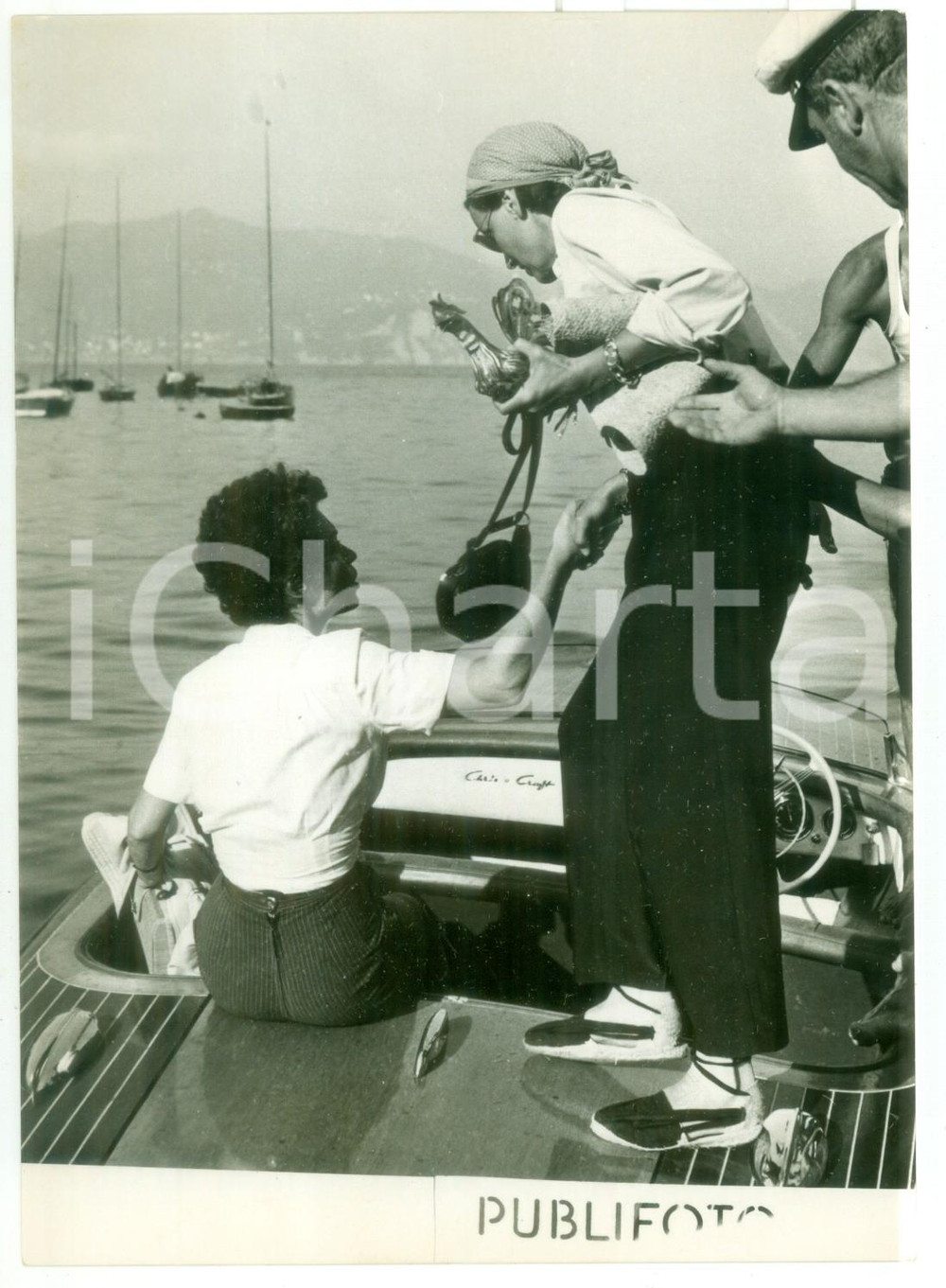 1953 PORTOFINO Greta GARBO con Lilli PALMER sul motoscafo di Rex HARRISON *Foto