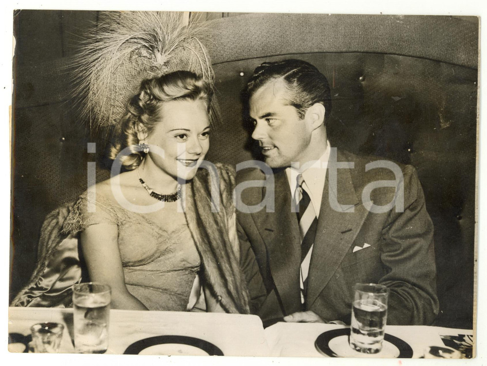 1955 ca HOLLYWOOD MOCAMBO Sonja HENIE smiling at Kjell HOLM *Photo 20x15