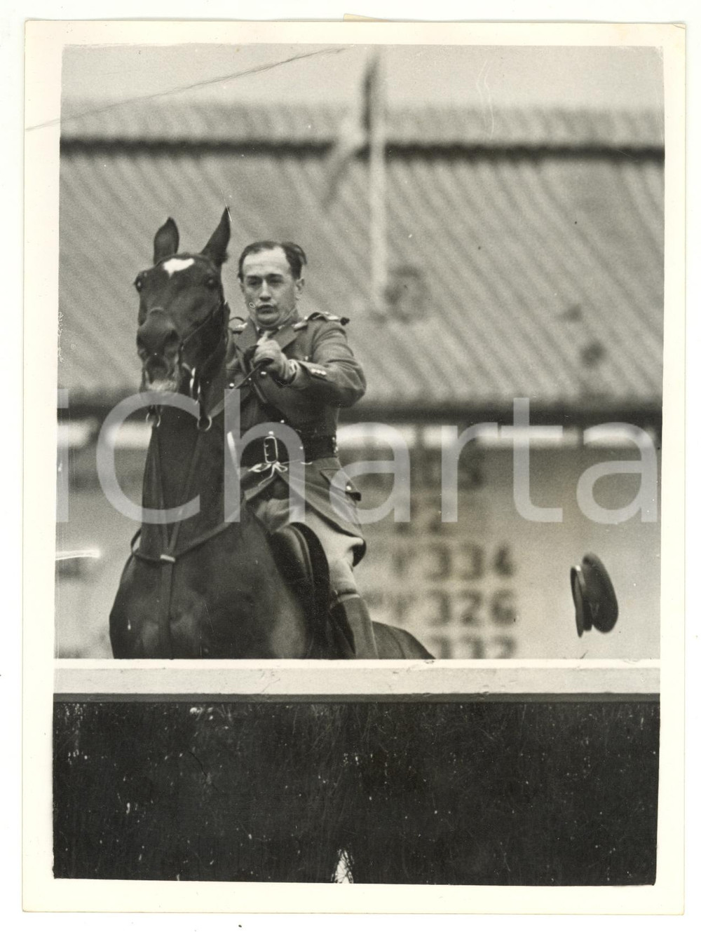 1955 LONDON Horse Show - Major DALLAS on BONES crashing into the second fence