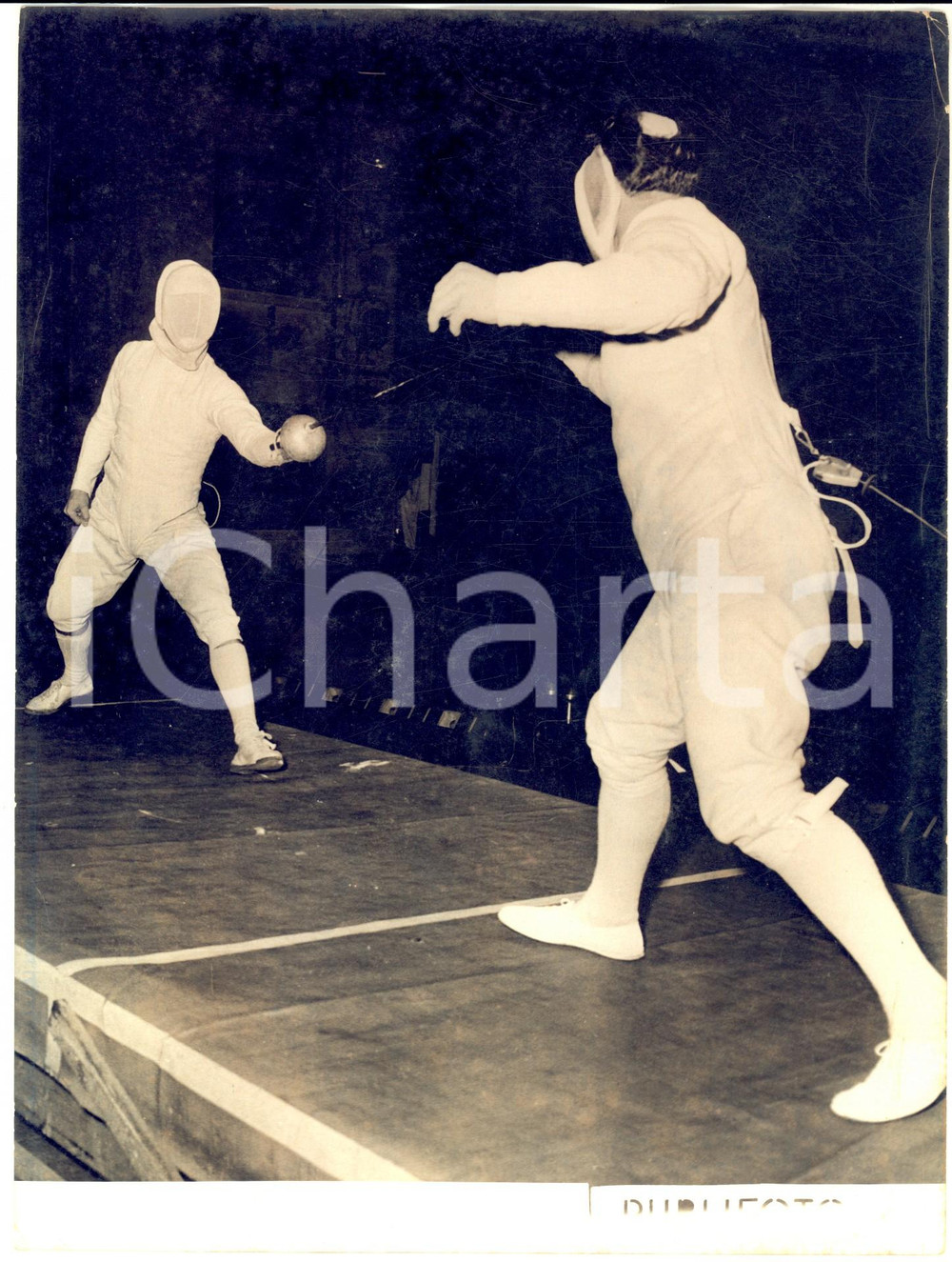 1955 ca SCHERMA Incontro Edoardo MANGIAROTTI - Maurice HUET - Foto 18x24 cm