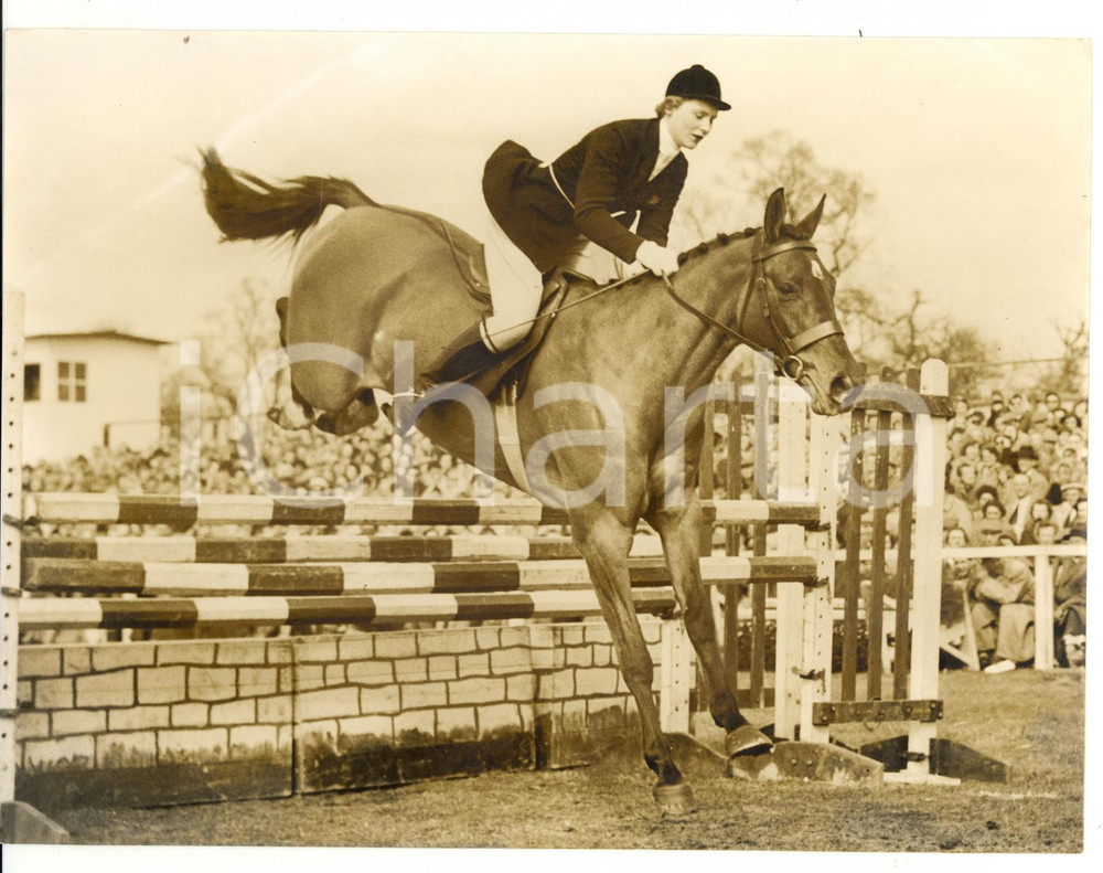 1958 BADMINTON Horse Trials - Sheila WILLCOX on HIGH AND MIGHTY jumping a fence