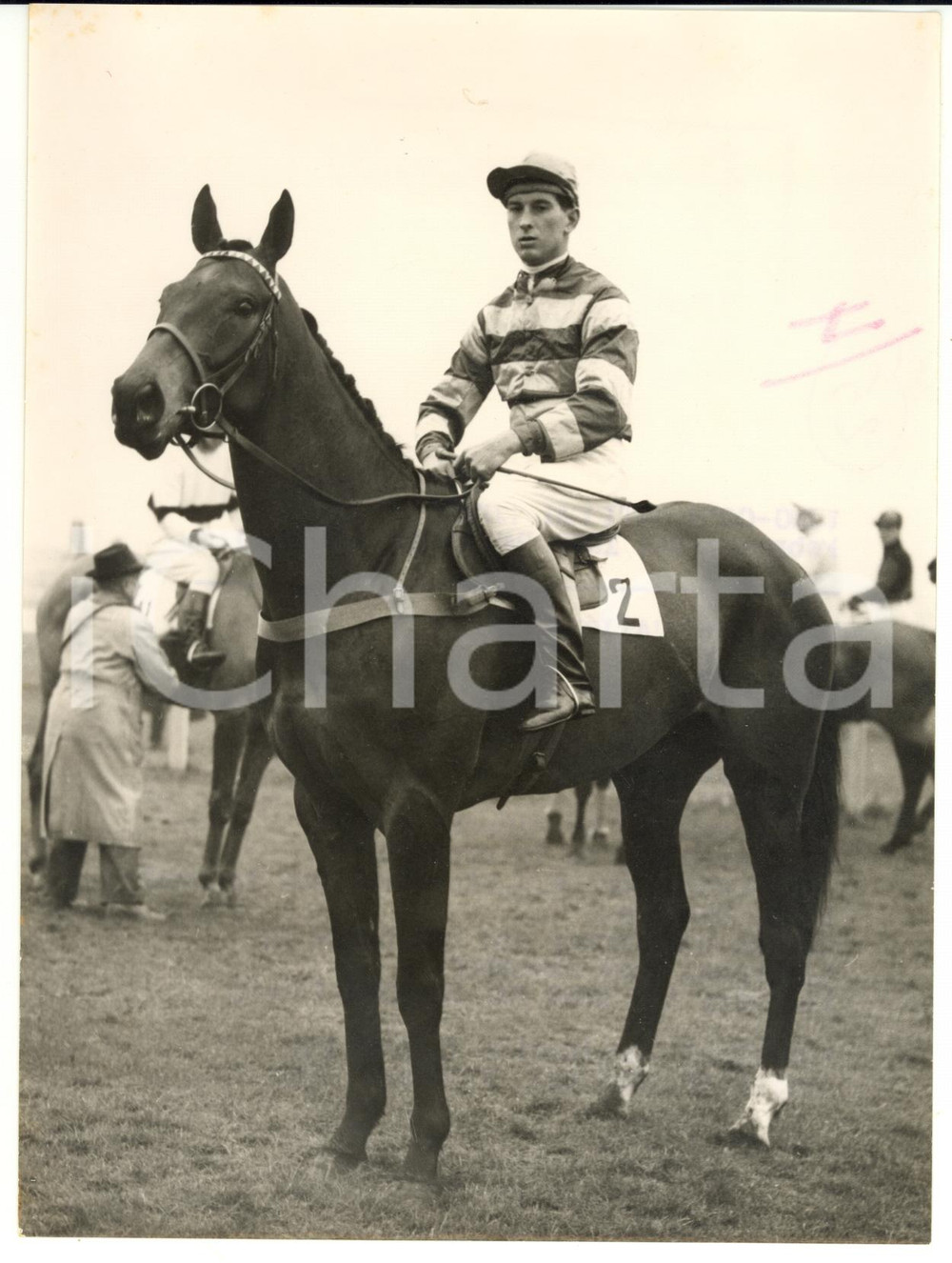 1956 HORSE RACING George MILBURN on WISE CHILD Grand National entry *Photo 15x20