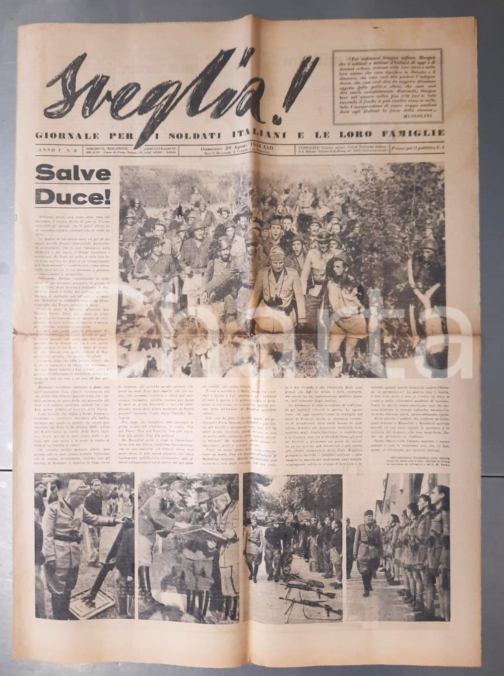 Giornale, rivista storica Agosto 1944 RSI SVEGLIA !  Visita del Duce al fronte  Giornale per i soldati 1