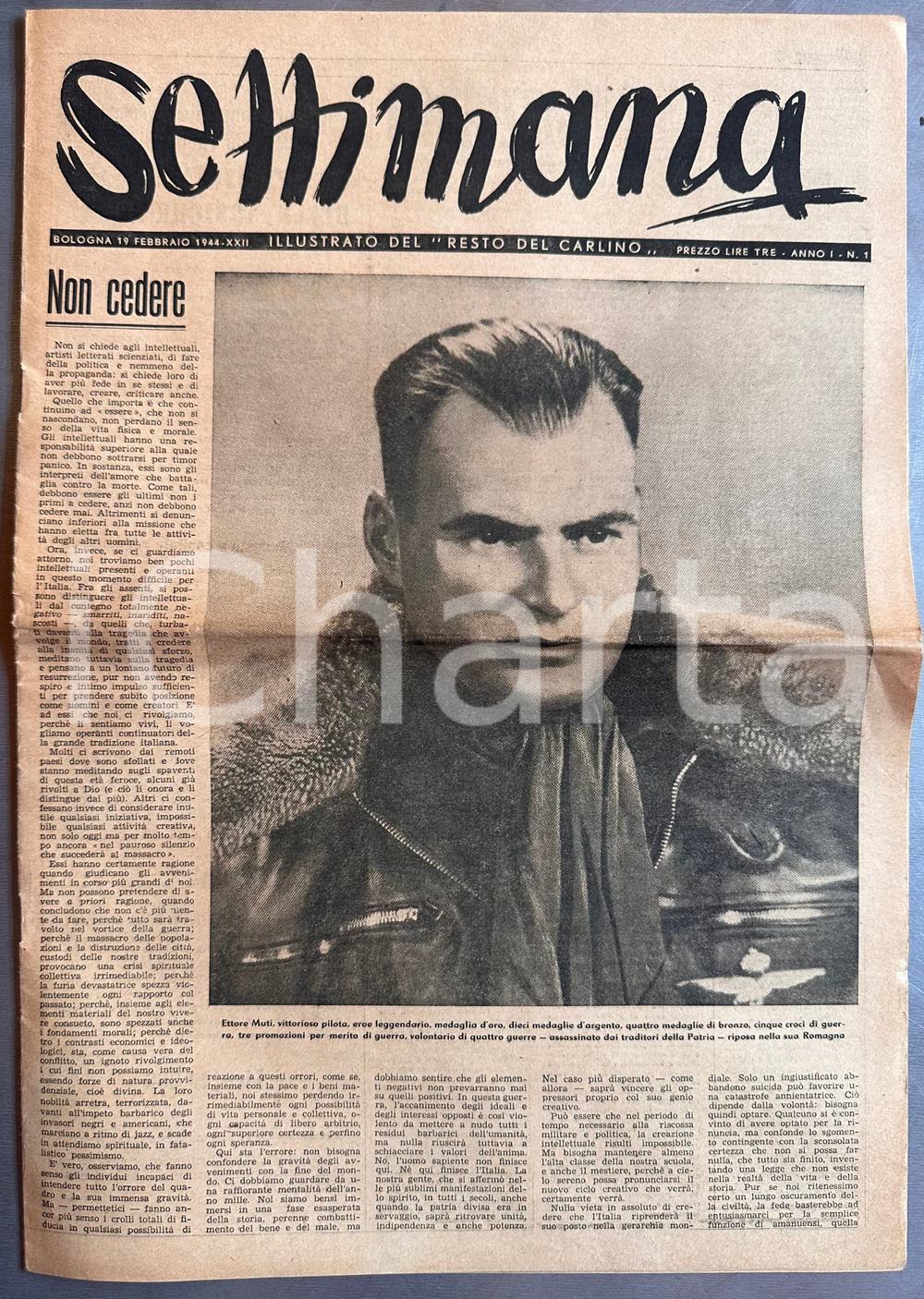 1944 WW2 RSI BOLOGNA - SETTIMANALE - Archiginnasio bombardato - Giornale Giornale originale d'epoca.DATA: 19 febbraio 1944PAGINE: 8 FAIR/discreto piegatura centrale d'epoca  originale e autentica 1