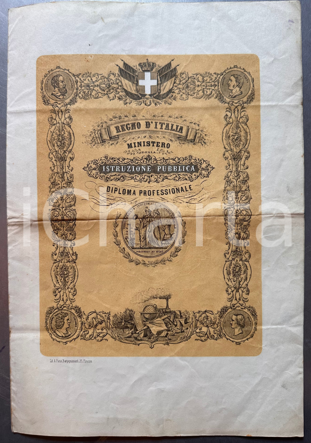 1893 RAVENNA Istituto Tecnico - Diploma Giovanni GALLEGATI perito agrimensore Diploma originale d'epoca.PAGINE: 4 facciate (2 stampate) FAIR/discreto piegature d'epoca; gualciture Formato: 27x40 cm originale e autentica 1